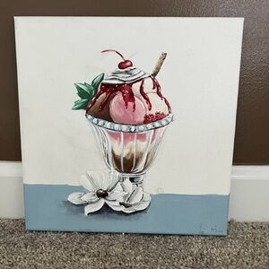 Ice Cream Canvas Art with Cherry and Floral Accents hand painted by me
